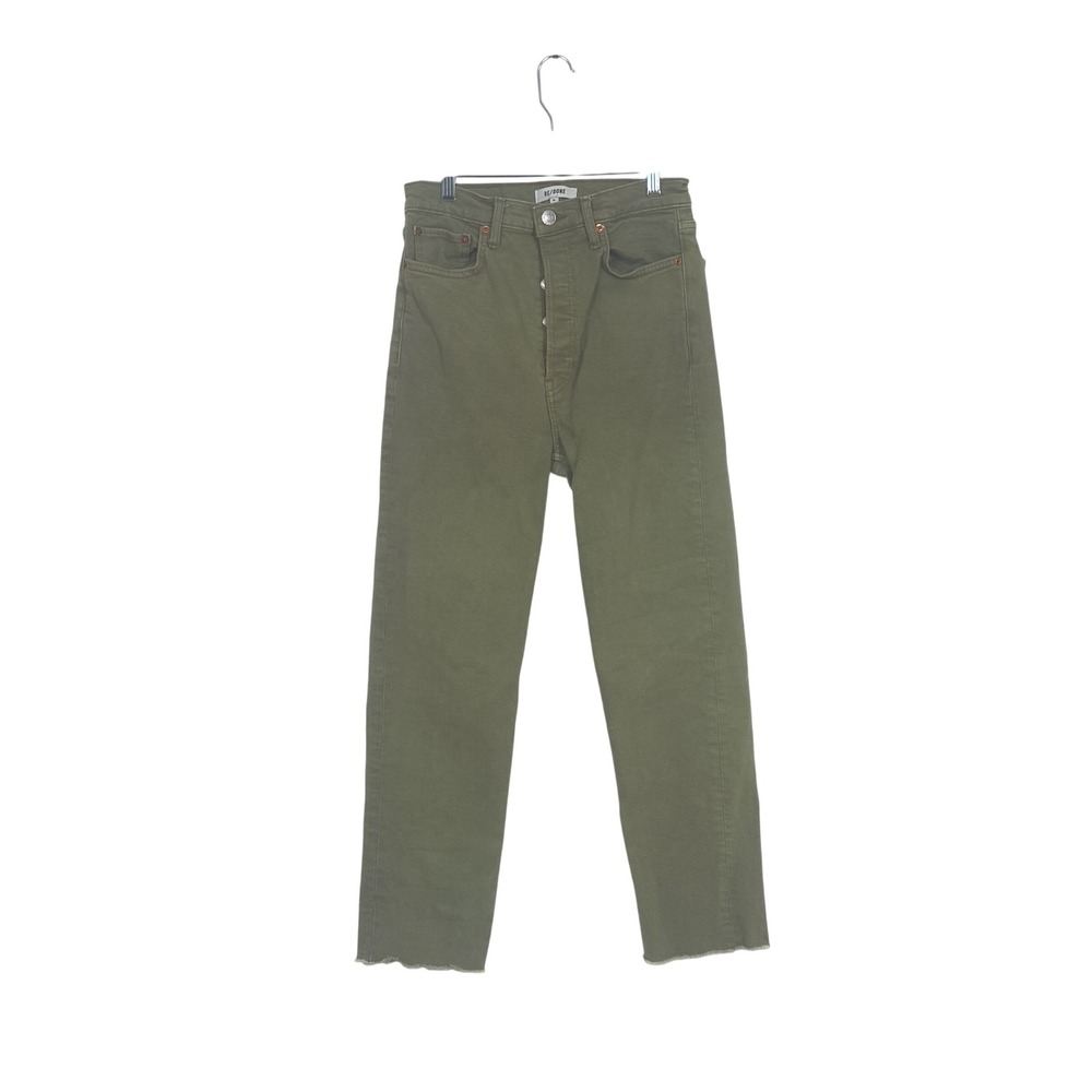 RE/DONE High Rise Ankle‎ Crop Jeans Olive Green Button Fly Raw Hem Denim Size 28
